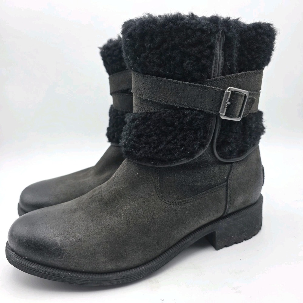 UGG Blayre III Boots SZ 9 Gray Black Waterproof Shearling Moto Winter Zip Buckle